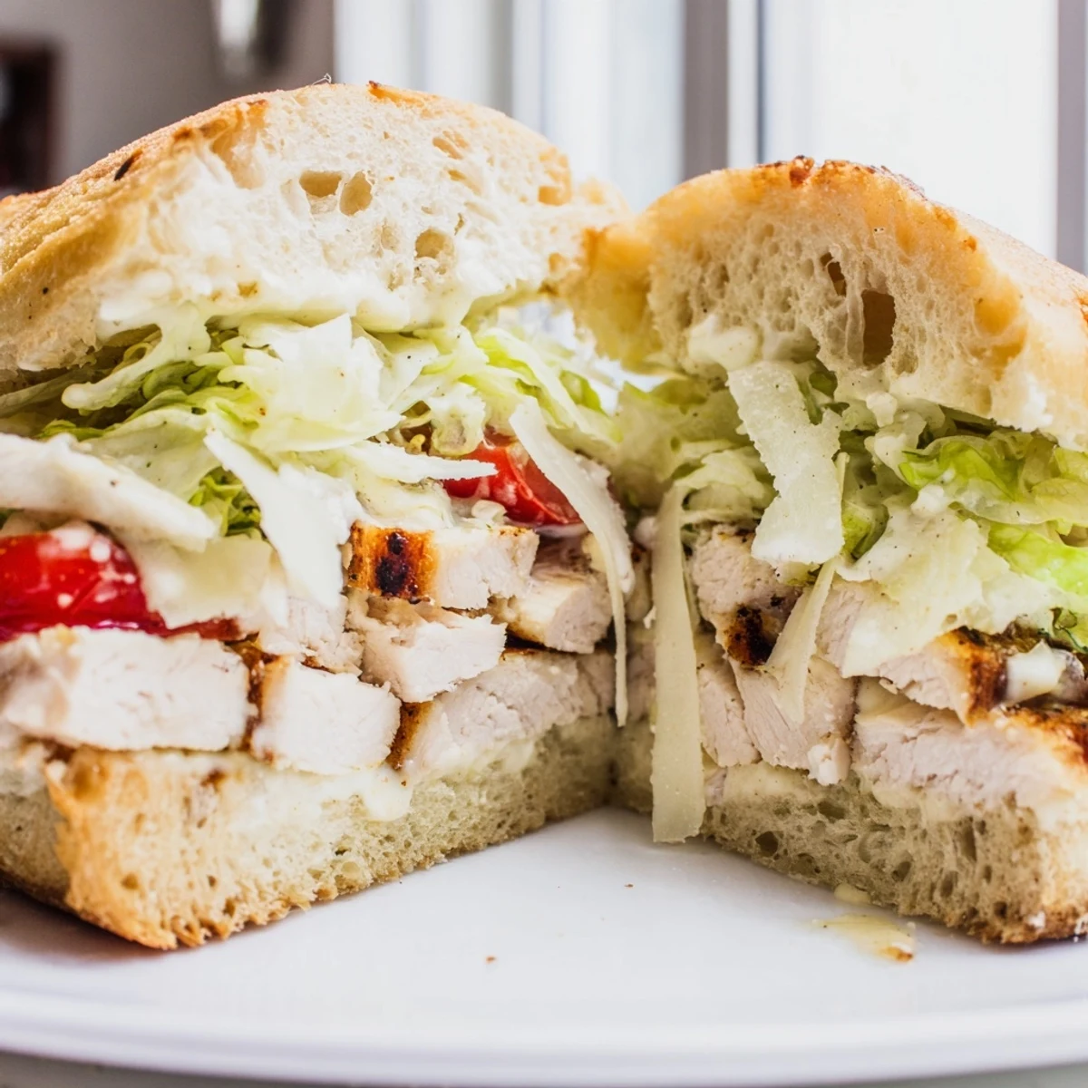 Crispy romaine and shaved Parmesan top this hearty chicken Caesar sandwich on grilled crusty bread