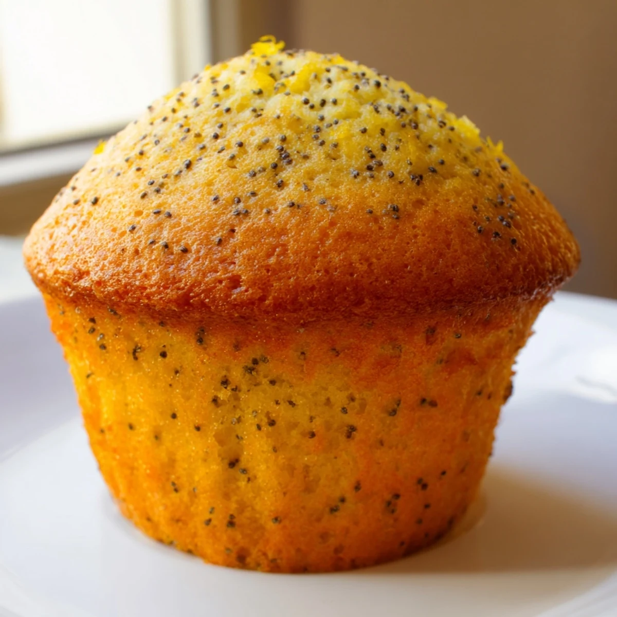 Golden lemon poppy seed muffins with domed tops sit in a rustic muffin tin ready for serving.