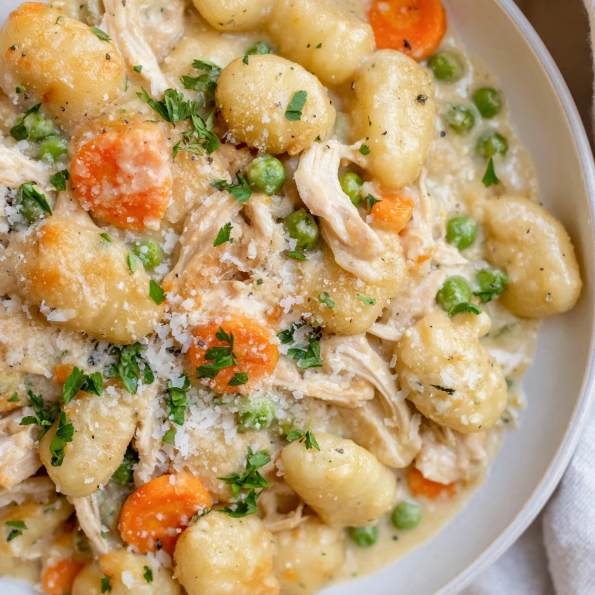 One Pot Gnocchi Chicken Pot Pie with creamy sauce, tender chicken, and golden vegetables in a cast iron skillet