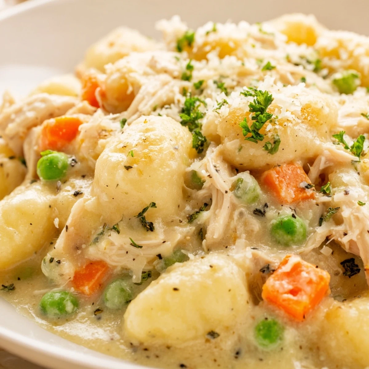 Creamy One Pot Gnocchi Chicken Pot Pie topped with fresh parsley and served in a rustic bowl
