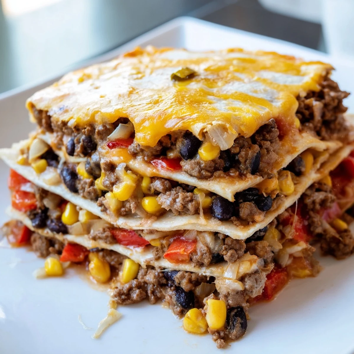 Steaming Mexican lasagna slice topped with jalapeños sour cream and fresh cilantro