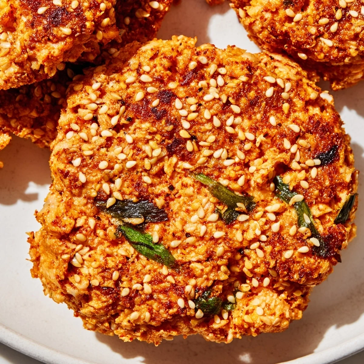 Golden crispy harissa sesame salmon patties sizzling in a skillet with toasted seeds