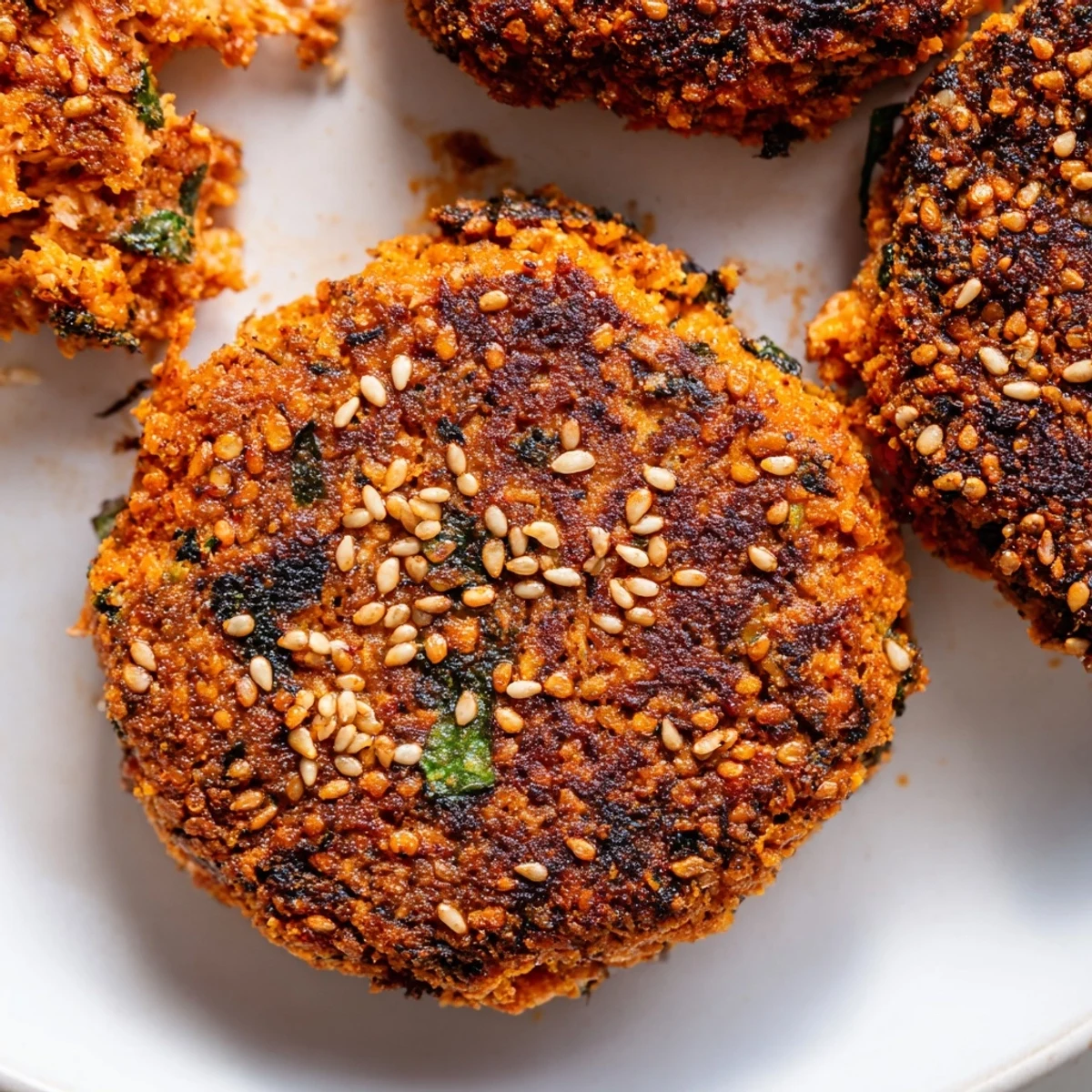 Spicy harissa sesame salmon patties served with fresh cilantro and lemon wedges