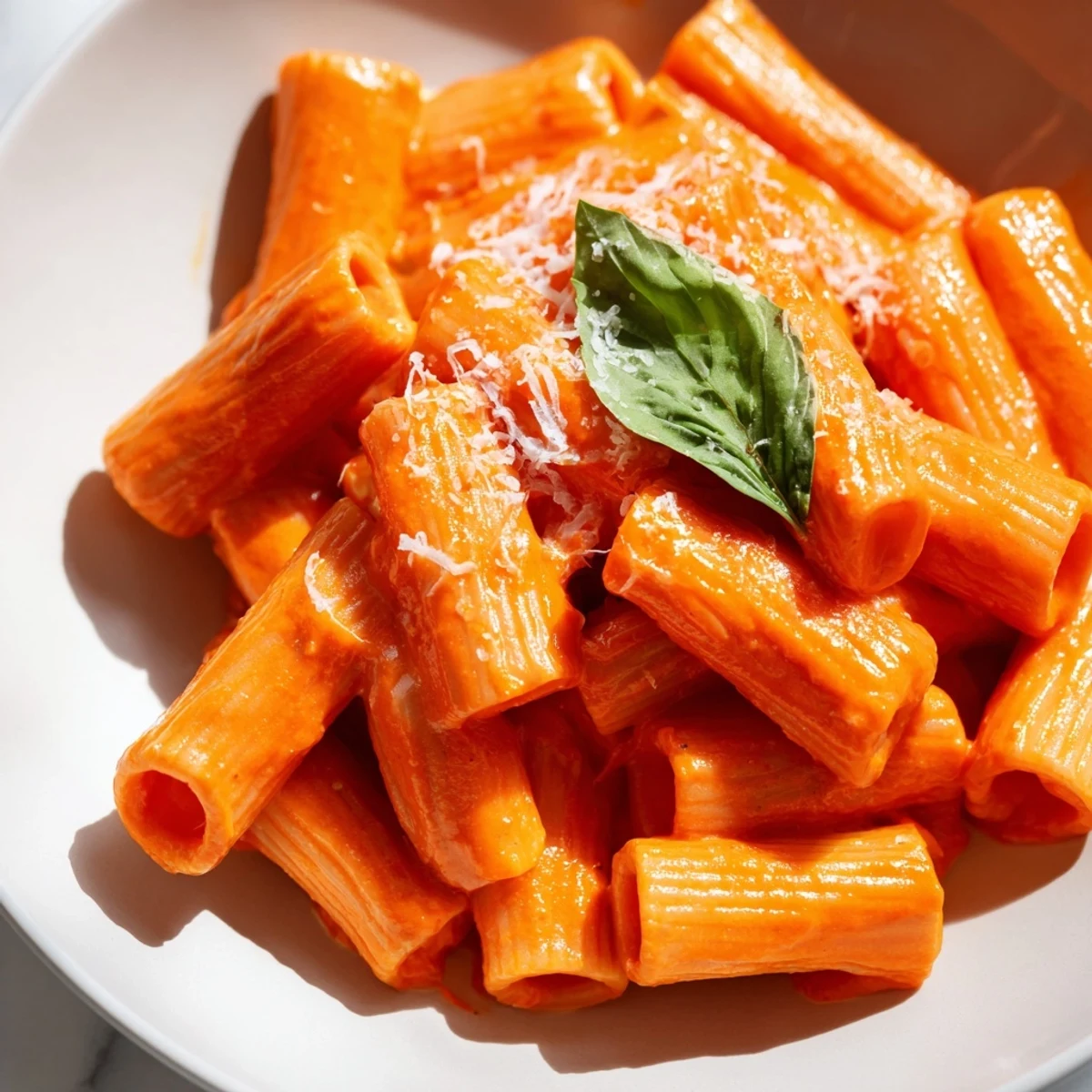 Creamy roasted red pepper pantry pasta in a white bowl with fresh basil garnish