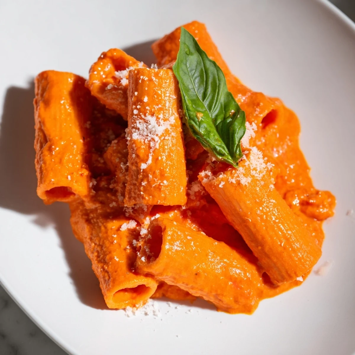 Vibrant orange roasted red pepper pantry pasta tossed with tender penne noodles