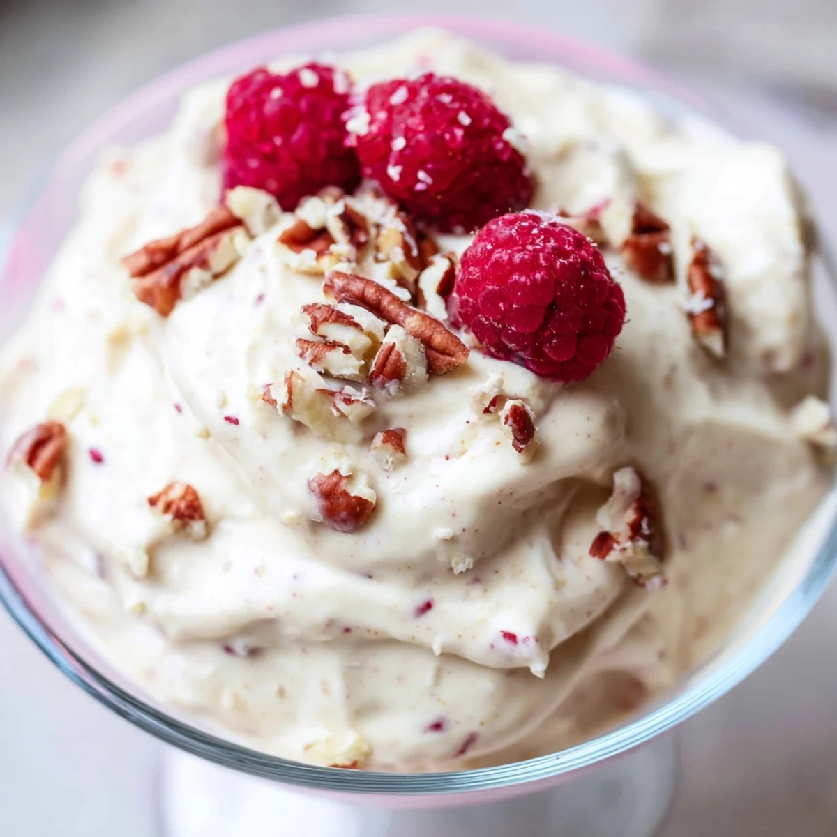 Creamy keto cheesecake fluff topped with fresh red berries in a small glass serving bowl