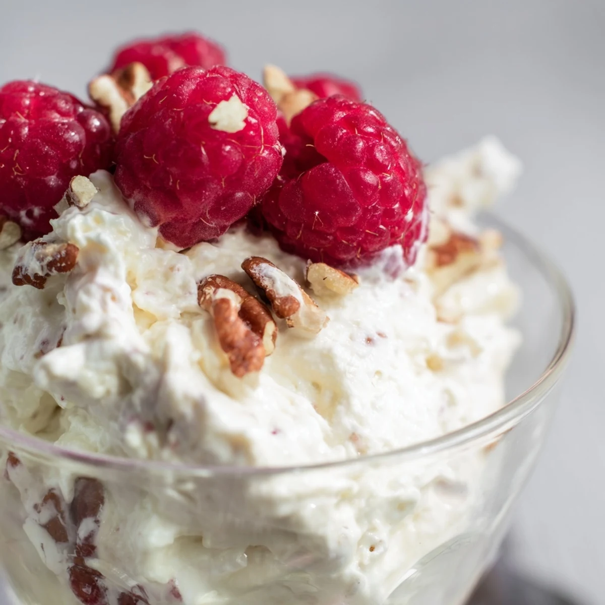 Light and airy keto cheesecake fluff swirled in a bowl with a silver dessert spoon