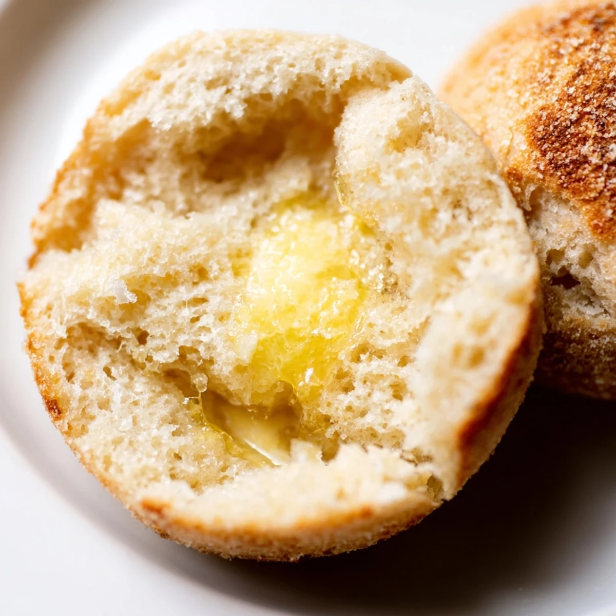 Golden brown homemade English muffins cooling on a wire rack with cornmeal dusted bottoms