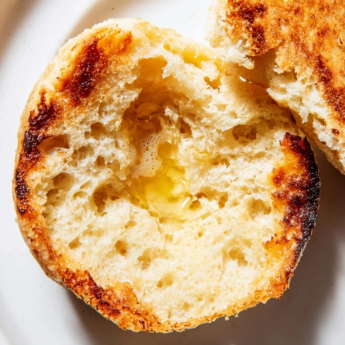 Toasted homemade English muffin split open revealing airy nooks and crannies for melting butter