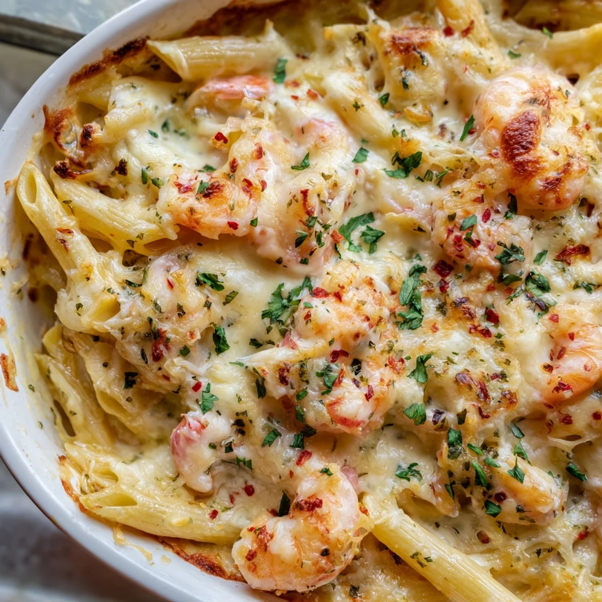 Golden bubbly shrimp scampi pasta bake with melted mozzarella and fresh parsley garnish