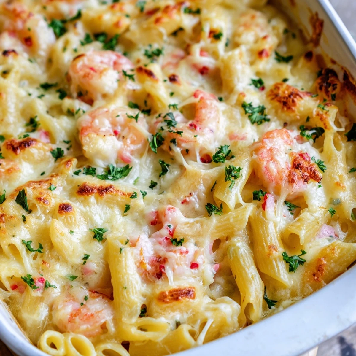 Serving of shrimp scampi pasta bake with succulent pink shrimp in lemon garlic cream sauce