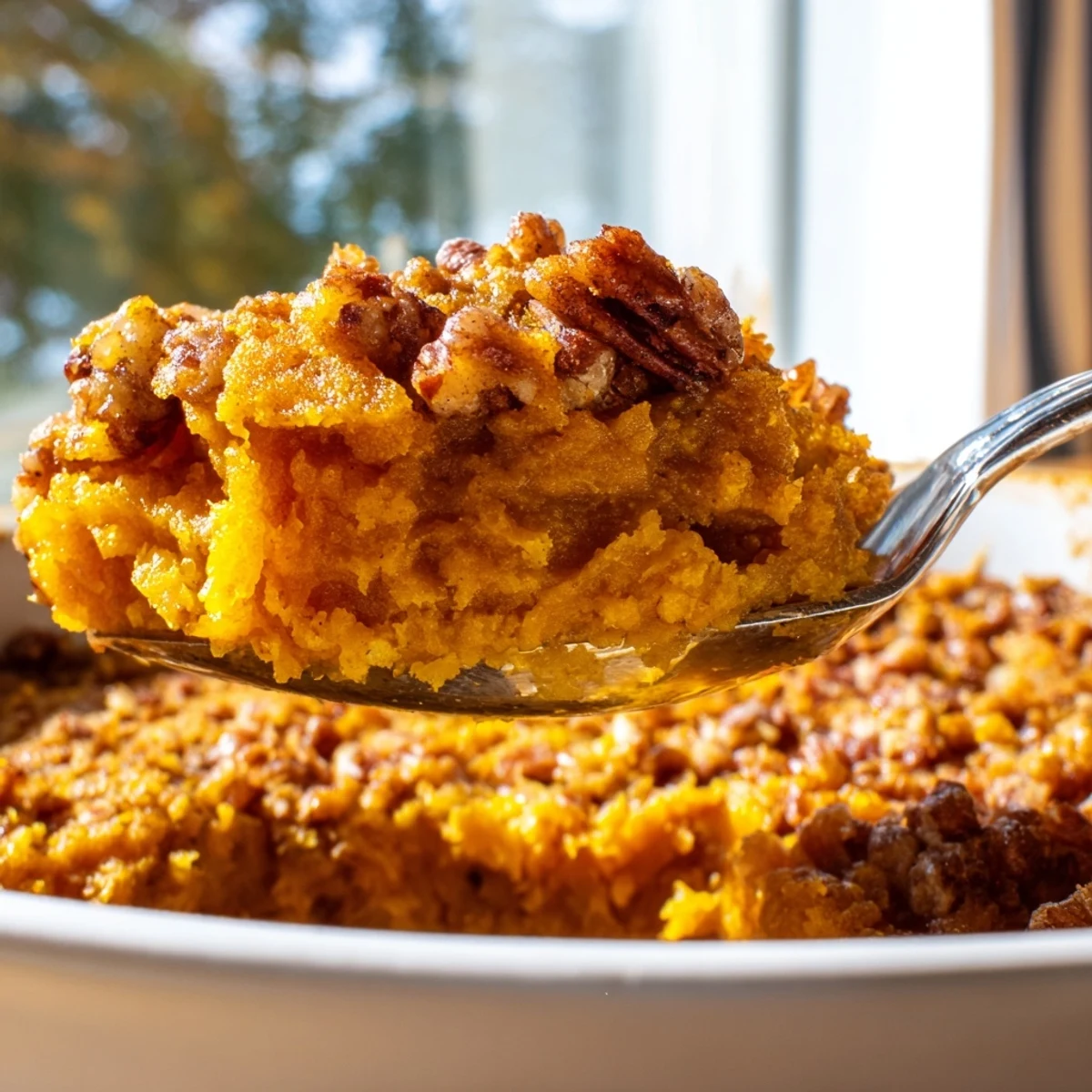 Creamy spiced pumpkin dump cake scooped into a bowl with whipped cream topping