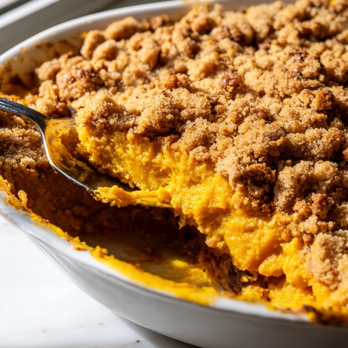 Golden pumpkin dump cake with buttery pecan topping served warm in a baking dish