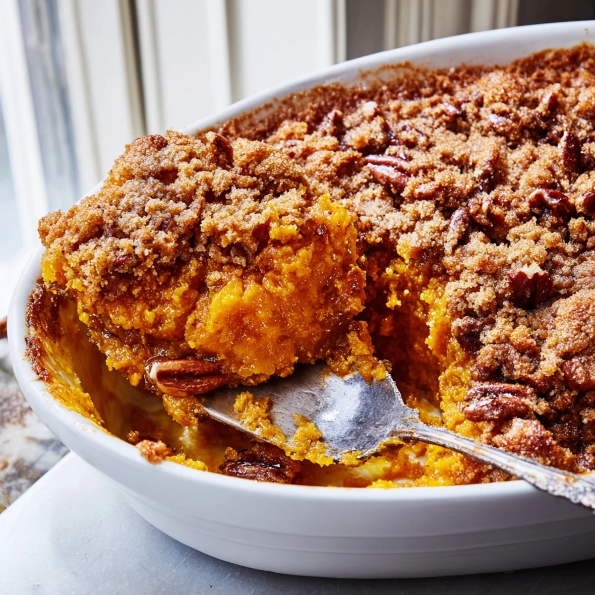 Warm pumpkin dump cake with a golden crust cut into squares on a rustic plate