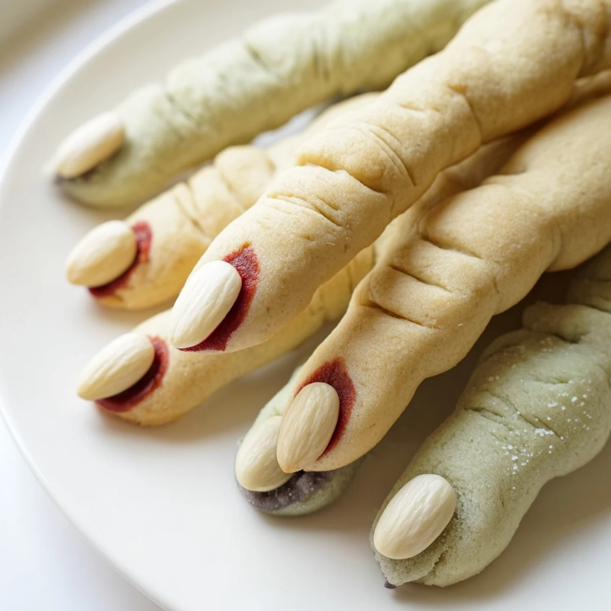 Creepy Witch Finger Cookies with bloody almond nails on a rustic baking sheet