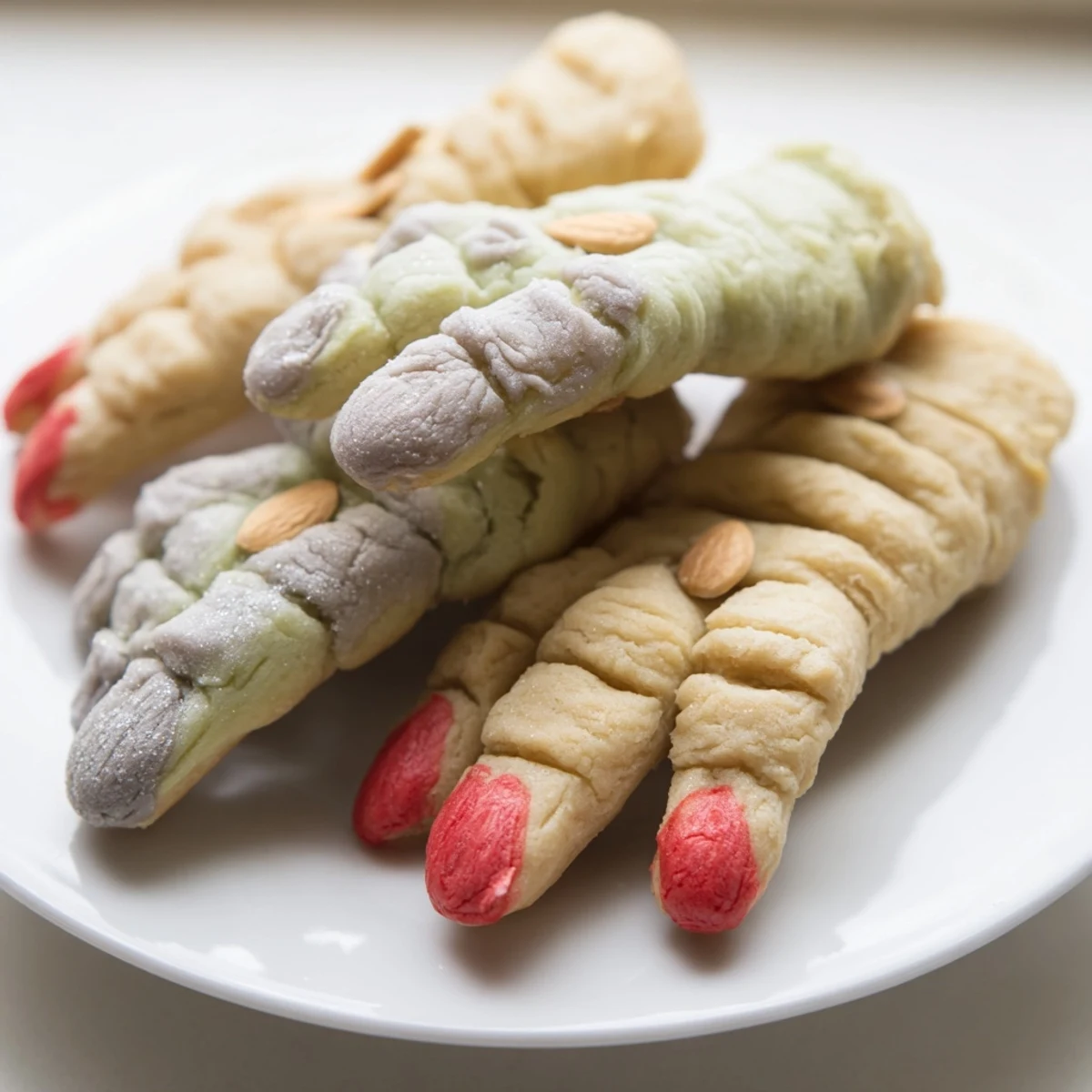 Golden Creepy Witch Finger Cookies arranged on a spooky Halloween dessert platter