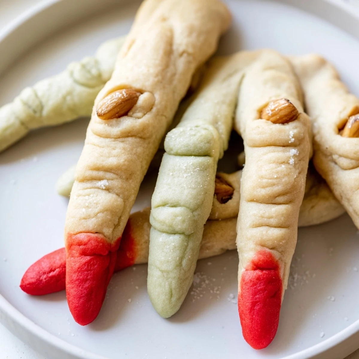 Close-up of Creepy Witch Finger Cookies with red jam dripping from knuckles