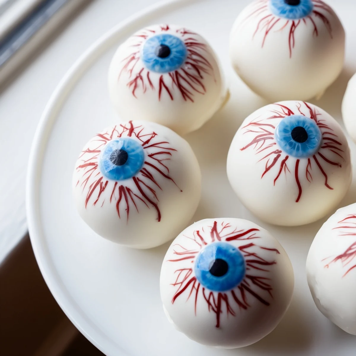 Creepy Halloween Cake Eyeballs with red veins on a spooky party dessert platter