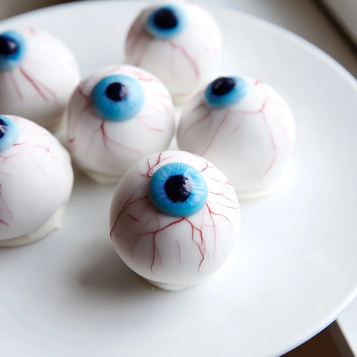 Chilled Halloween Cake Eyeballs arranged on parchment with gooey red veining throughout