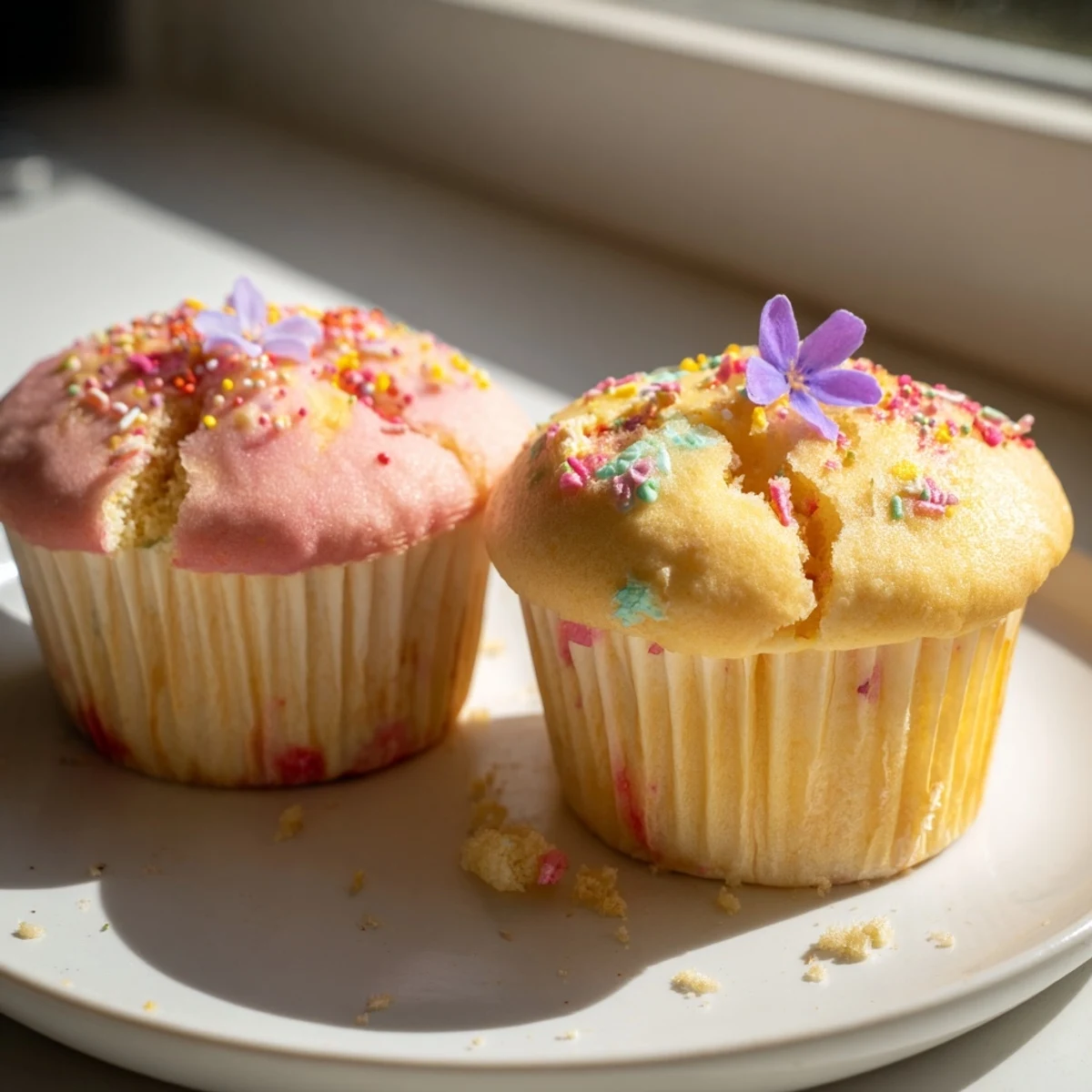 Soft steamed blooming cupcakes bursting open revealing colorful swirled tender crumbs