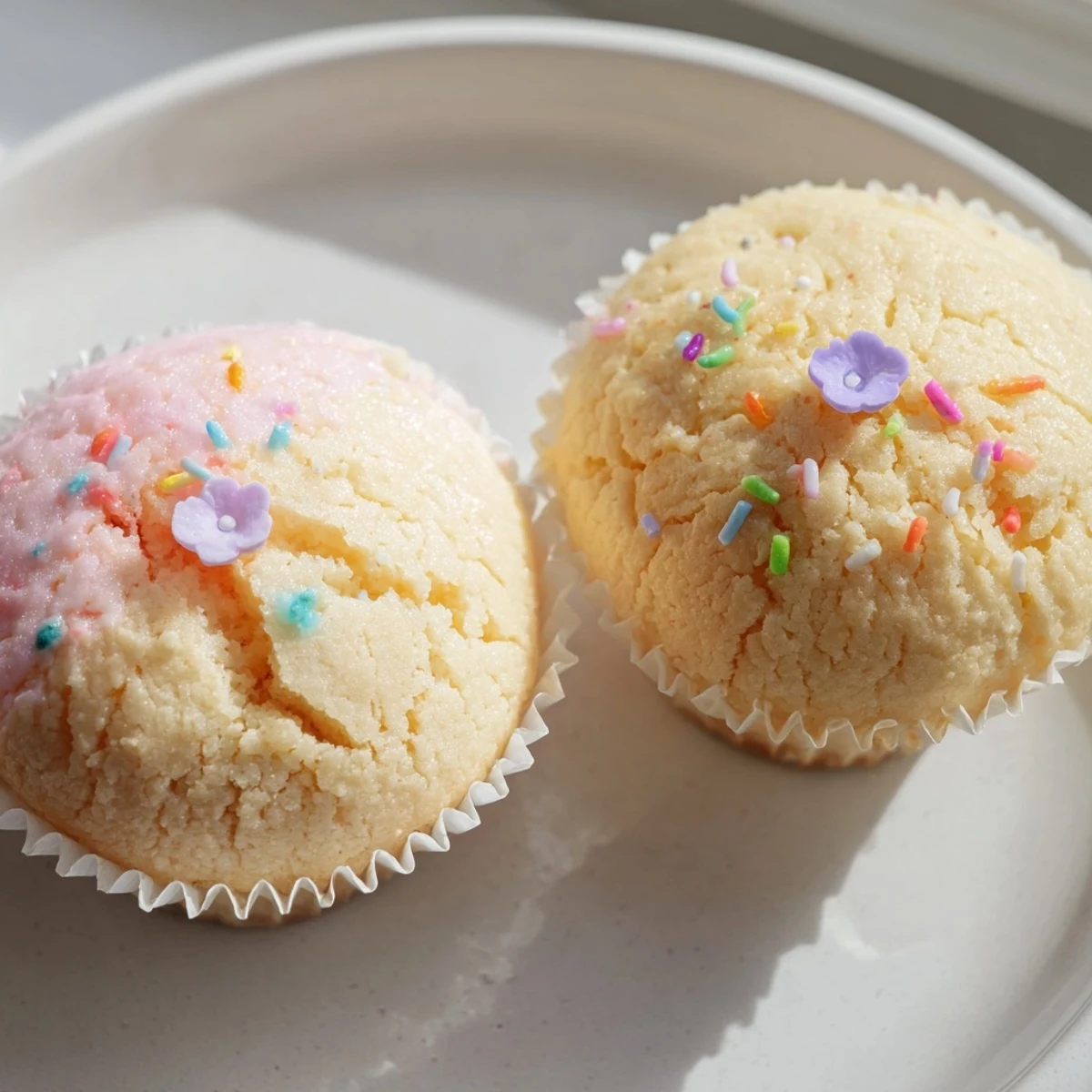 Moist steamed blooming cupcakes topped with sprinkles in paper liners fresh from the steamer