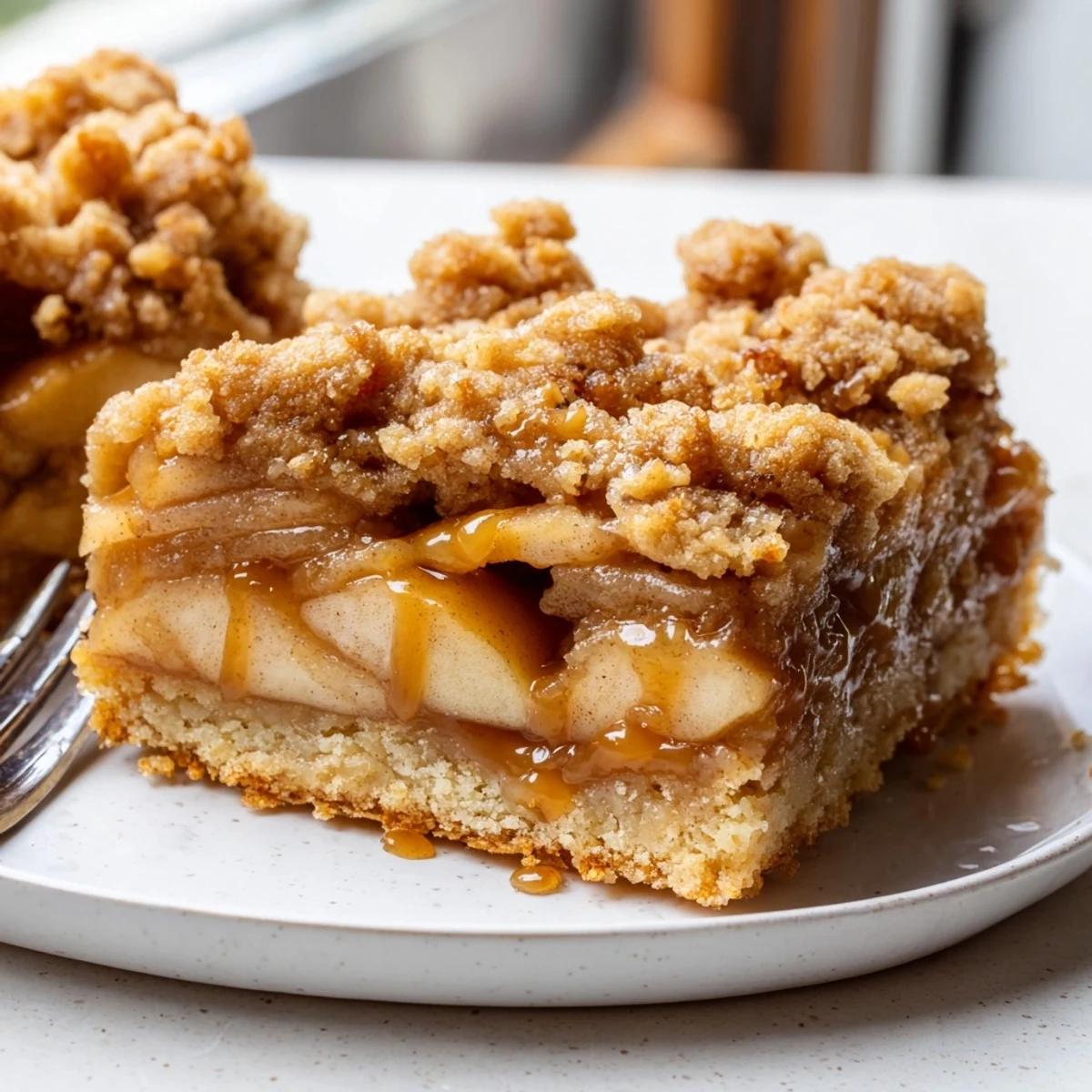Golden caramel apple crumb bars with buttery streusel topping on a rustic plate
