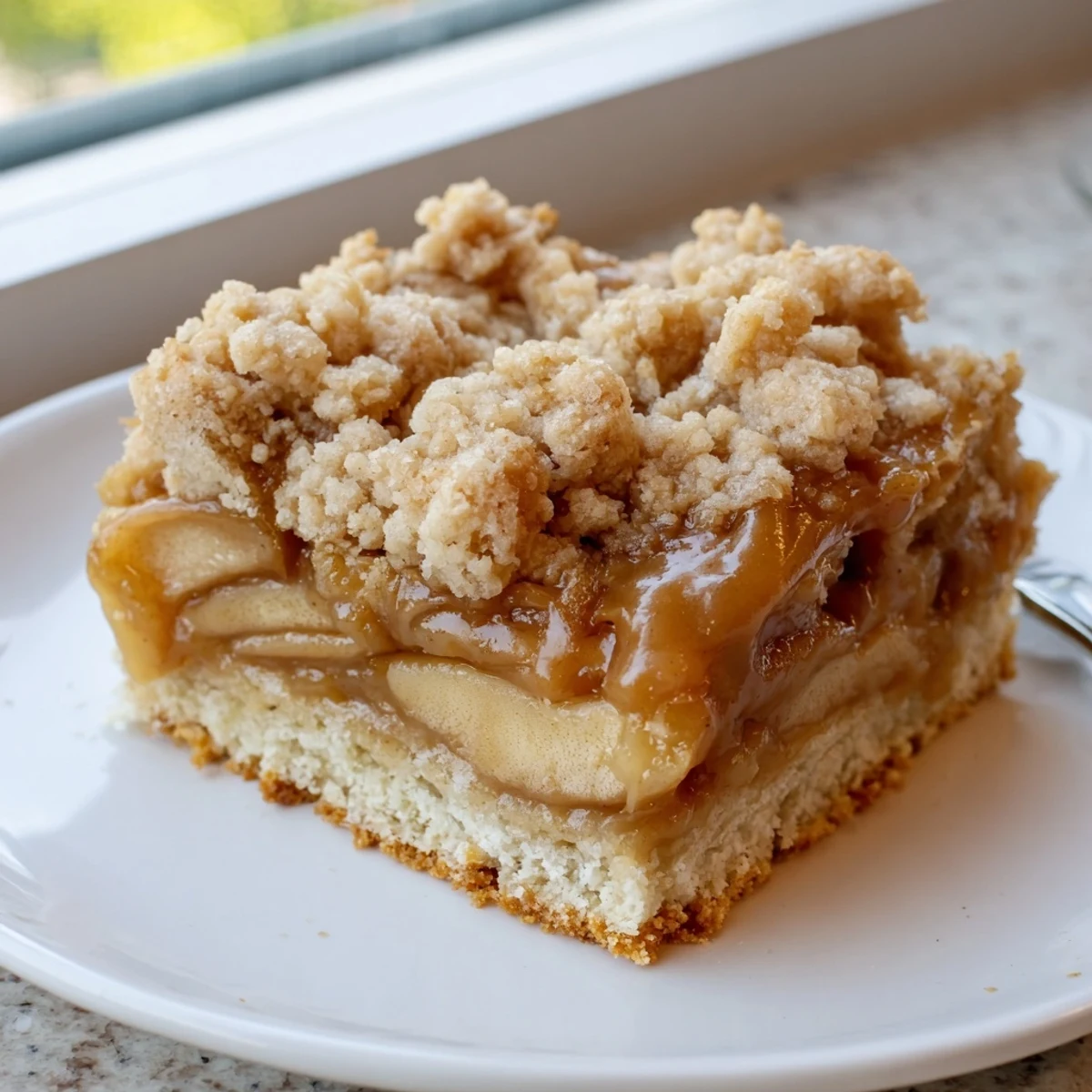 Warm caramel apple crumb bars drizzled with extra sauce on a fall dessert table