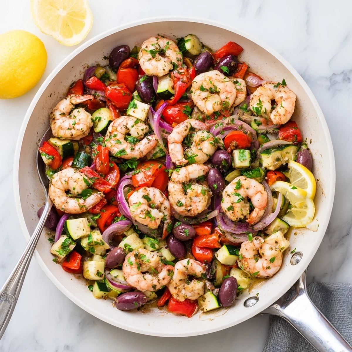 One-pan Mediterranean shrimp skillet garnished with fresh parsley and lemon wedges