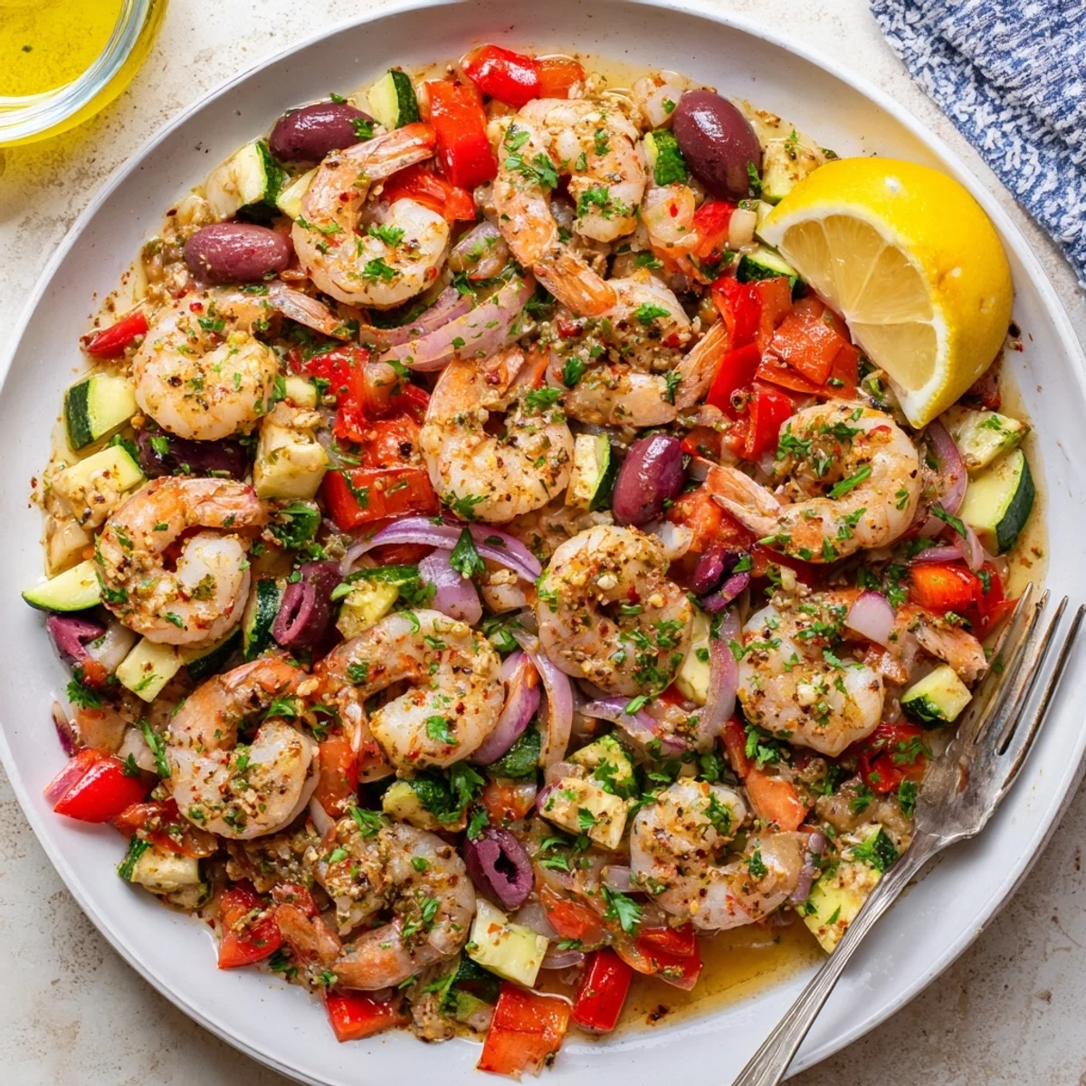 Sizzling Mediterranean shrimp skillet with juicy pink shrimp, tomatoes, and Kalamata olives