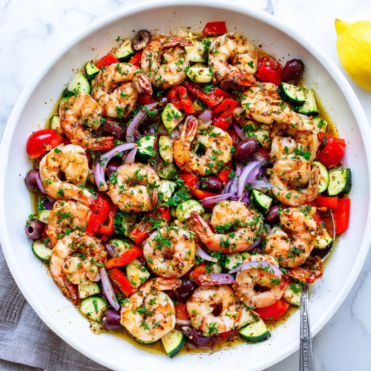 Golden Mediterranean shrimp skillet bubbling with cherry tomatoes and tender zucchini
