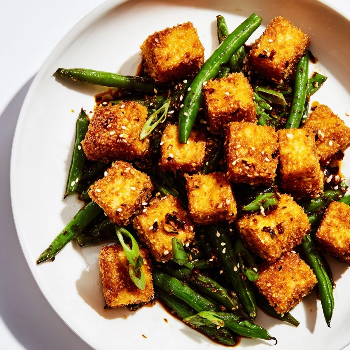 Golden crispy black pepper tofu with tender green beans in a glossy sauce