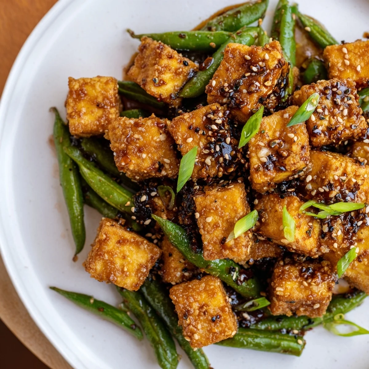 Crispy black pepper tofu and green beans stir-fried in a bold peppery glaze