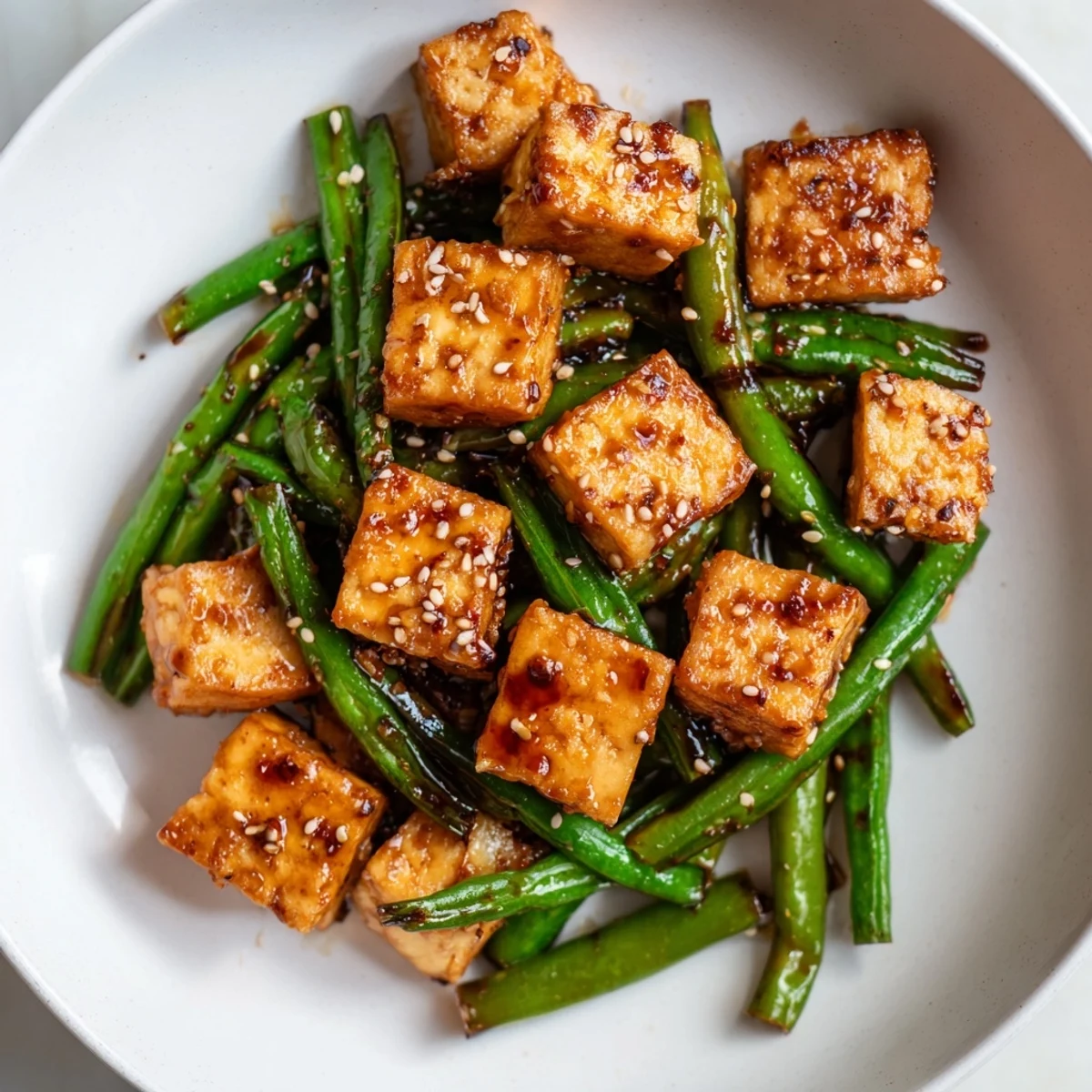 Vegan crispy black pepper tofu served over rice with sliced scallions on top