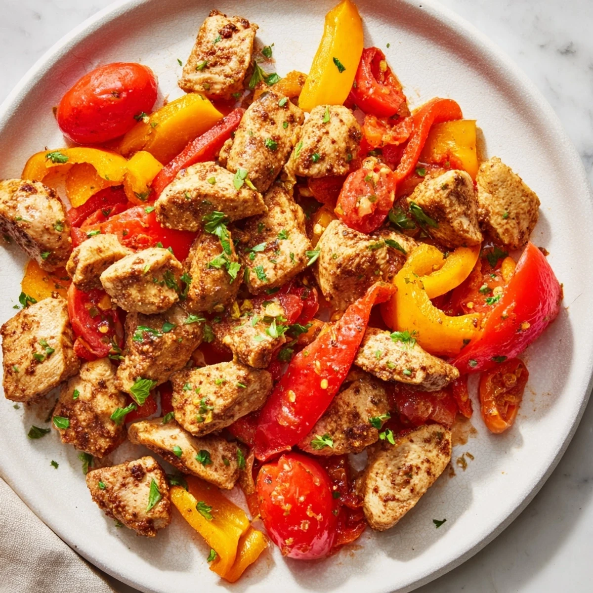 Golden brown chicken and colorful bell peppers in a quick flavorful one pan dish