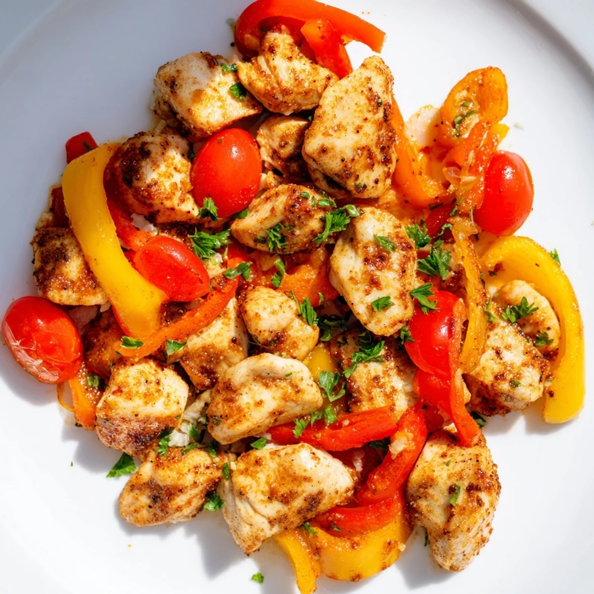 Steaming skillet of quick flavorful one pan dish garnished with fresh parsley and lemon