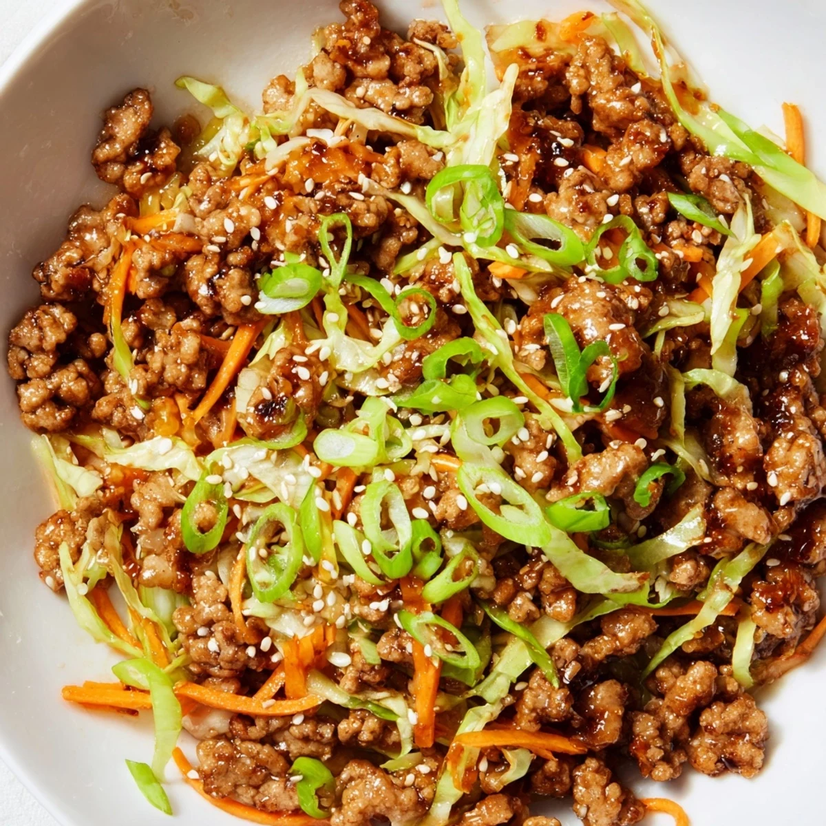 Sizzling keto egg roll in a bowl with browned pork and tender cabbage