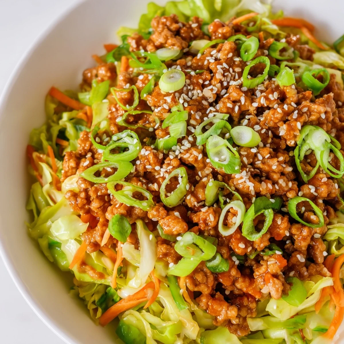 Hearty keto egg roll in a bowl garnished with sesame seeds and green onions