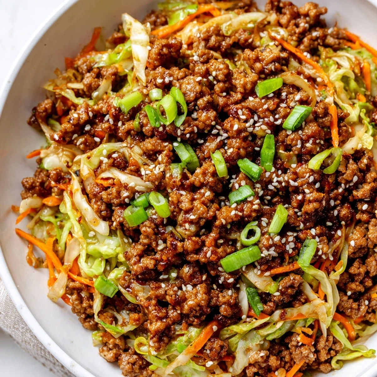 Steaming low-carb keto egg roll in a bowl packed with savory ground pork