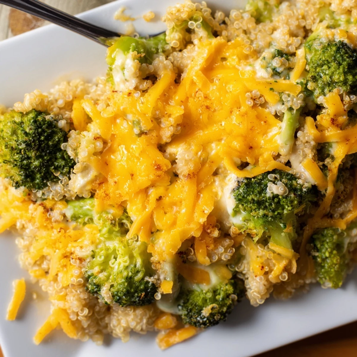 Tender broccoli and fluffy quinoa baked in a rich creamy sauce for family dinner