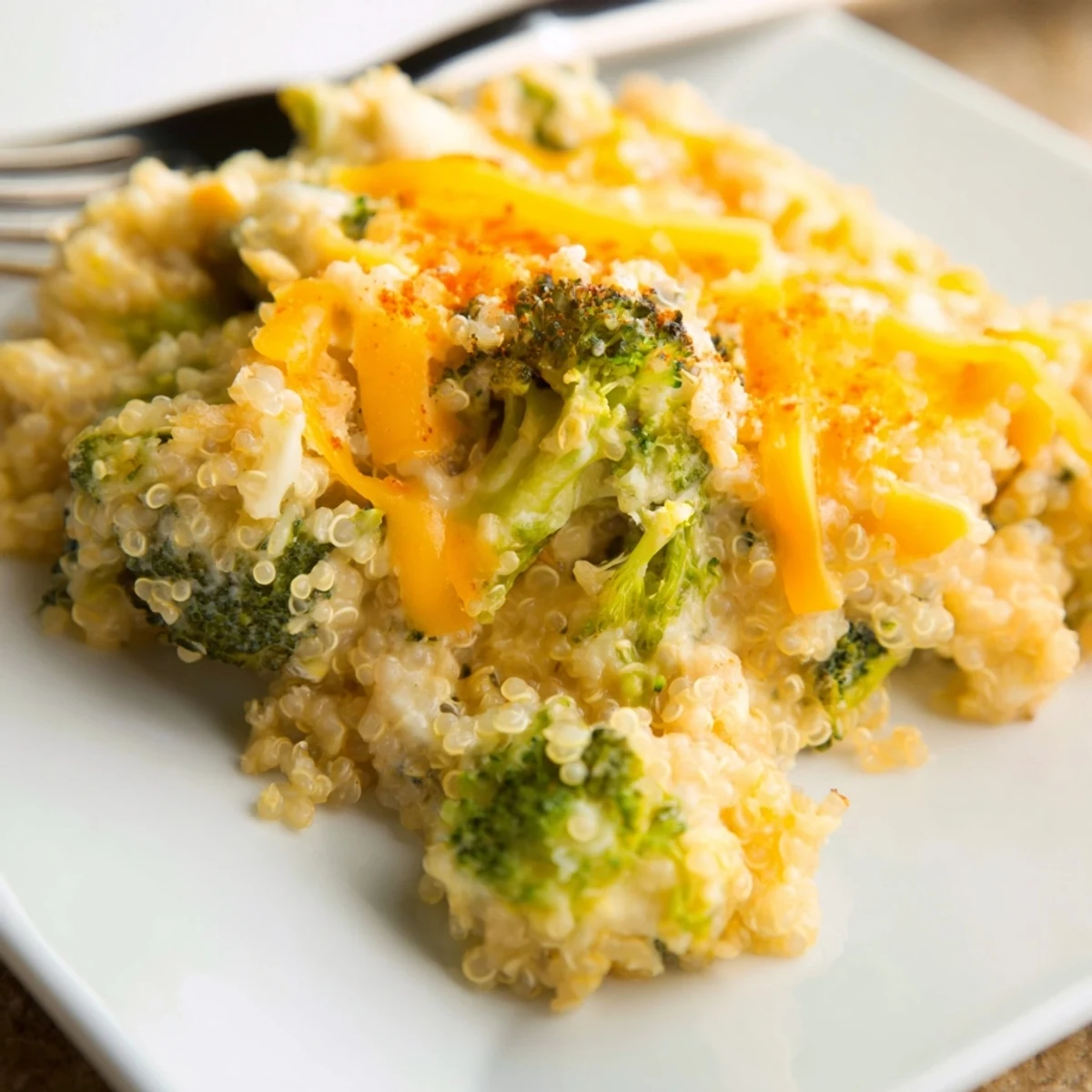 Vegetarian creamy broccoli quinoa casserole with golden breadcrumb topping served warm from the oven