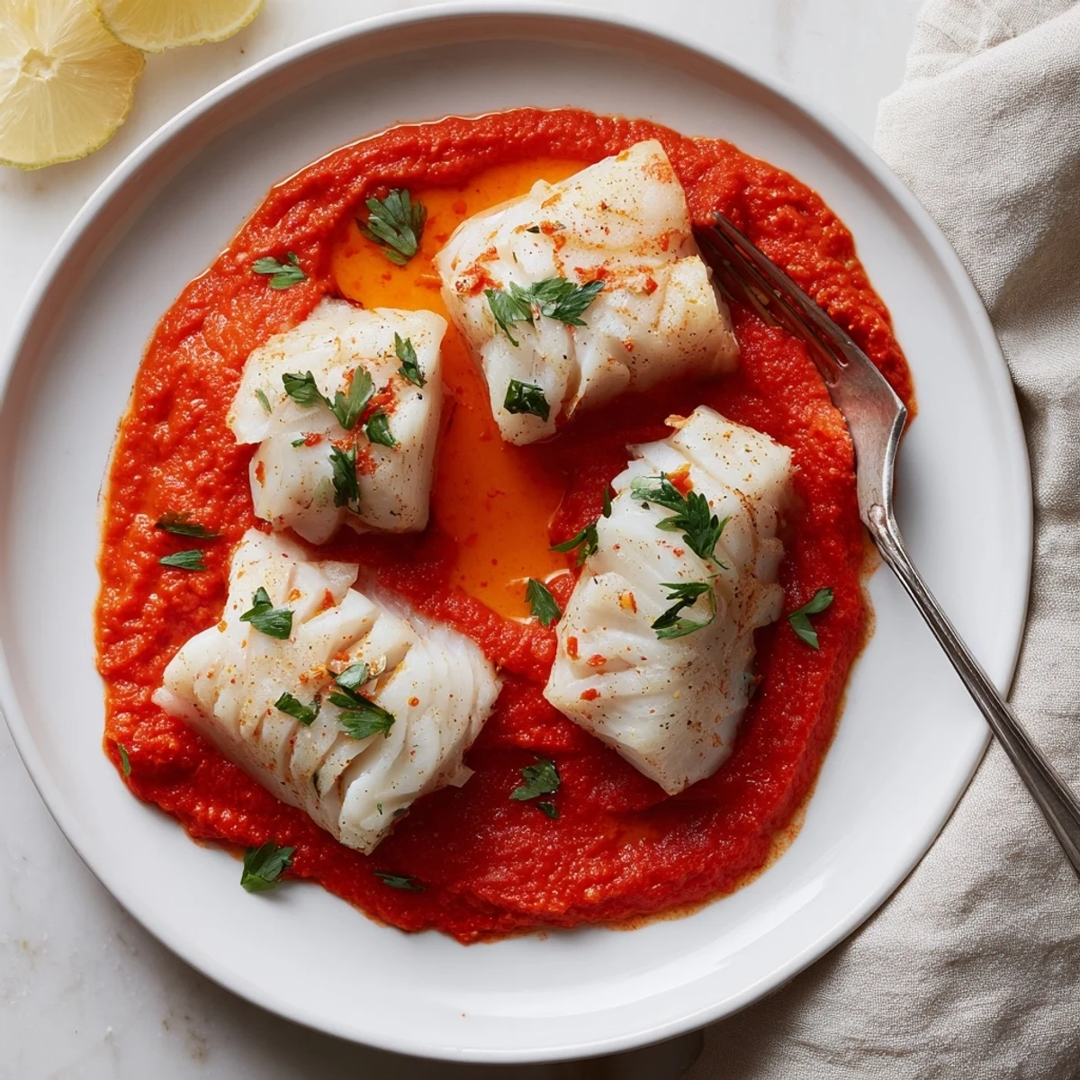 Cod In Roasted Red Pepper Sauce, tender fillets bathed in vibrant, silky sauce