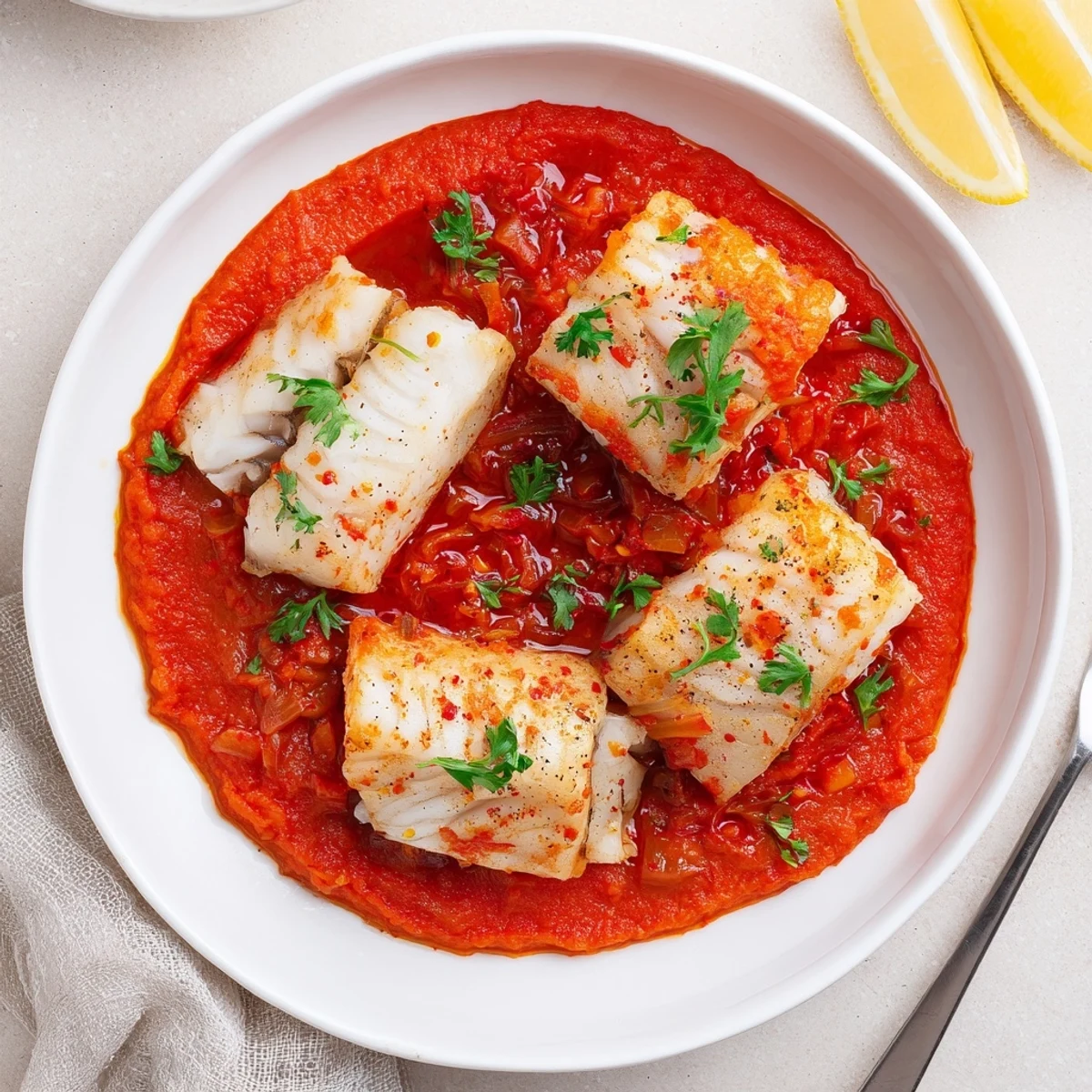 Cod In Roasted Red Pepper Sauce served over rice with lemon wedges and parsley