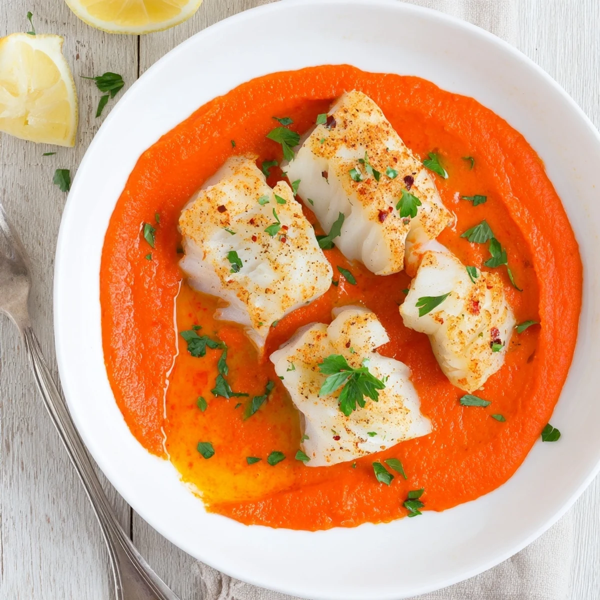 Pan-poached Cod In Roasted Red Pepper Sauce garnished with bright parsley and lemon