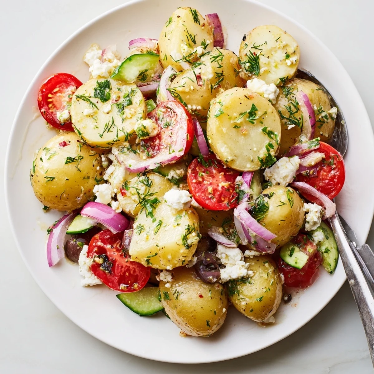 Olive Greek Potato Salad with creamy potatoes, briny Kalamata olives, lemony dressing