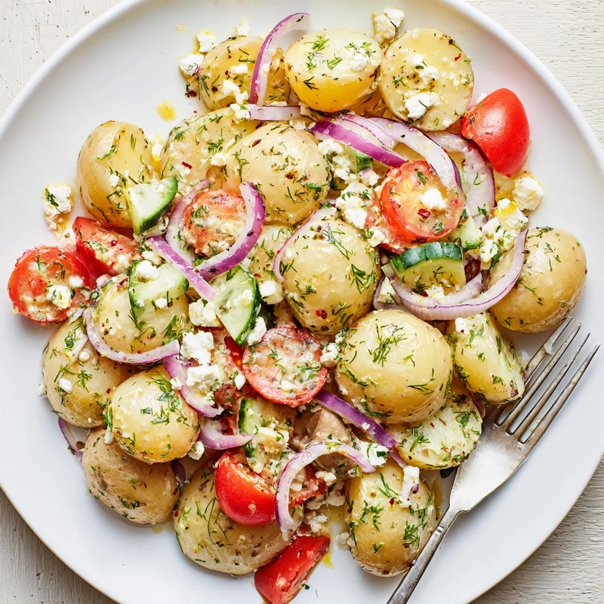 Bright Olive Greek Potato Salad served chilled at picnics with feta crumbles