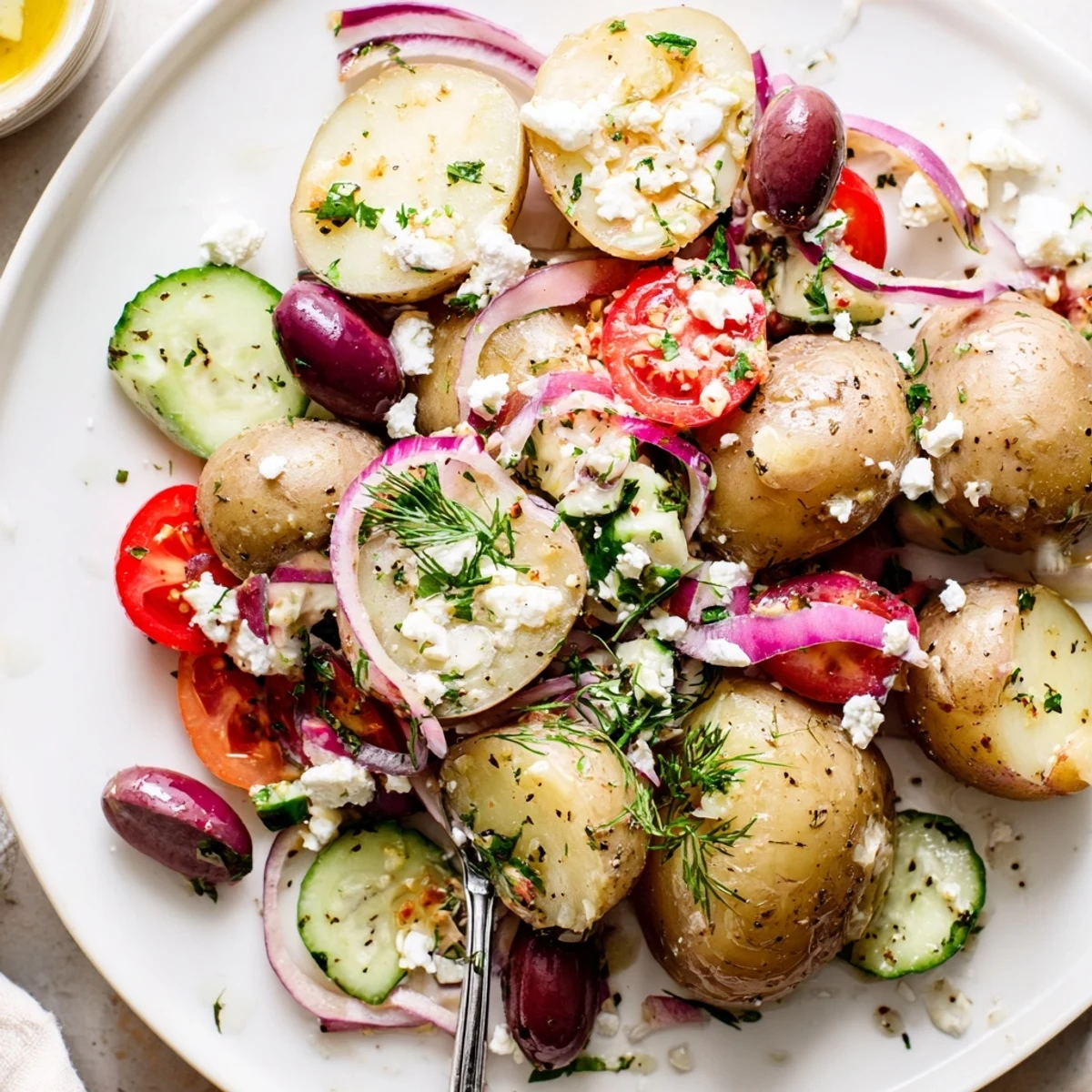 Rustic Olive Greek Potato Salad tossed in olive oil, herbs, and garlic