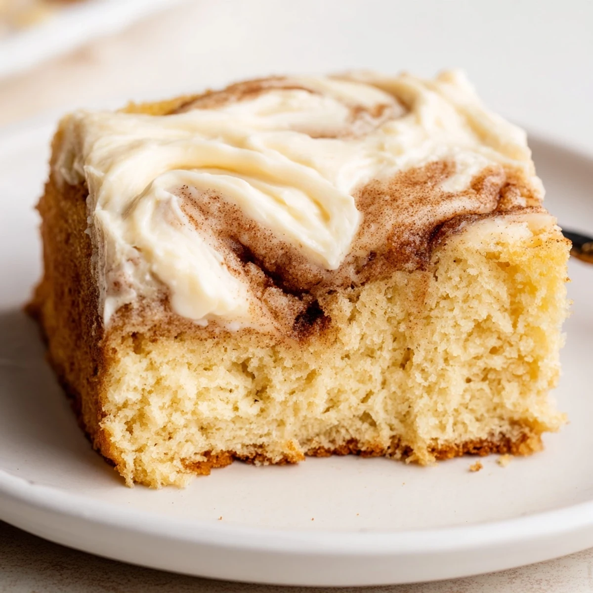 Cinnamon Roll Poke Cake cooling in 9x13 pan, pockets of buttery filling