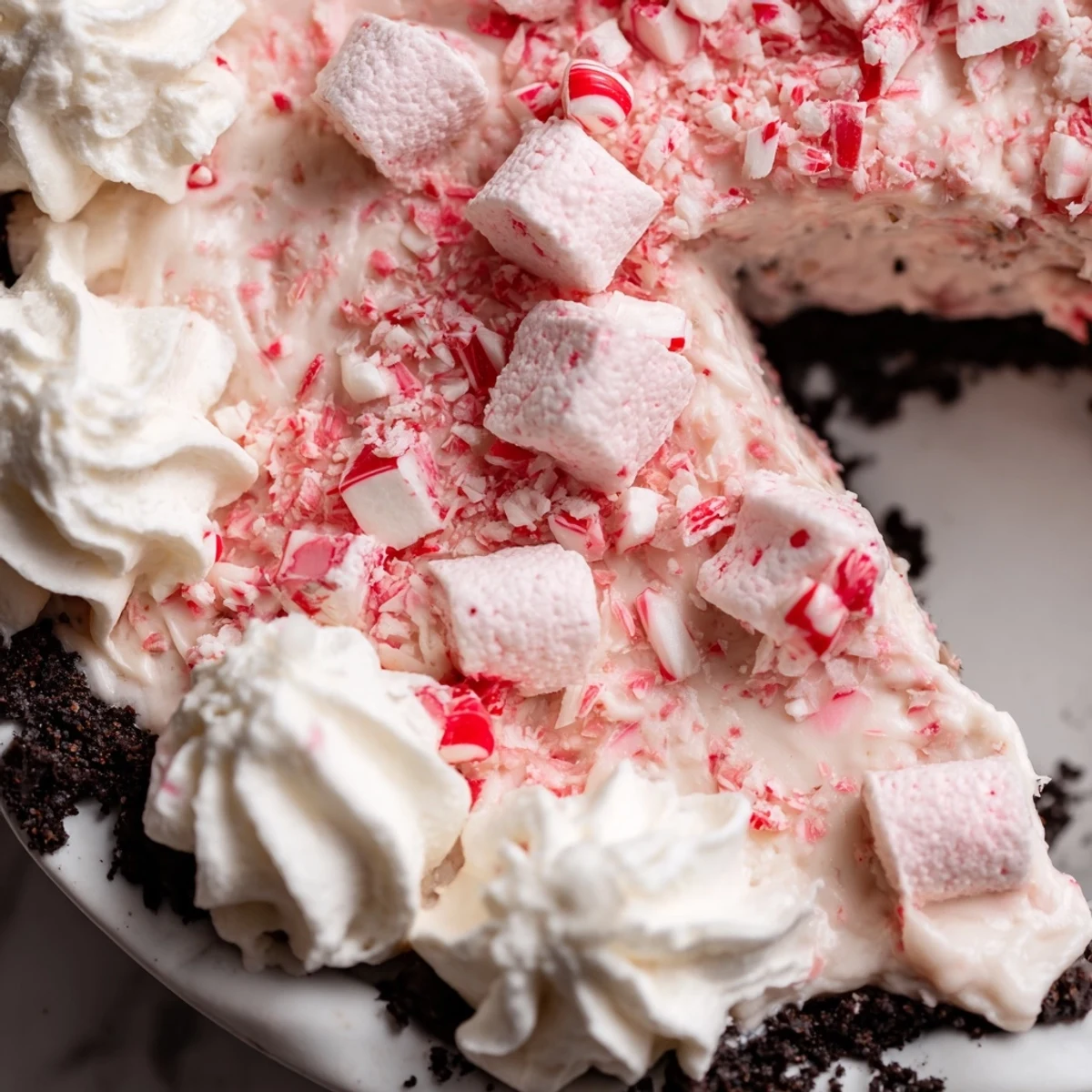 Candy Cane Pie with creamy peppermint filling, chocolate crust, topped with crushed candy canes