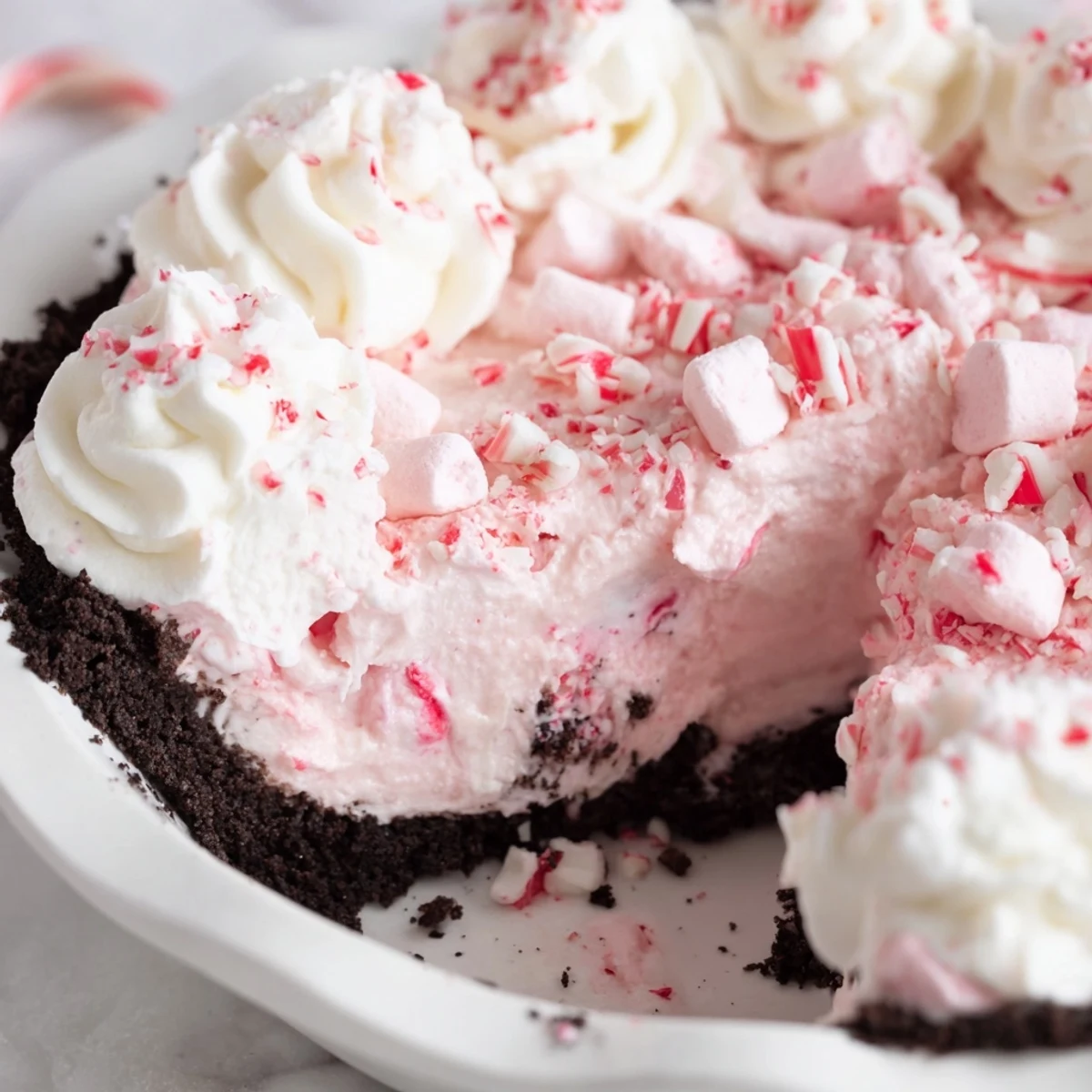 No-bake Candy Cane Pie served on a plate, garnished with mini marshmallows