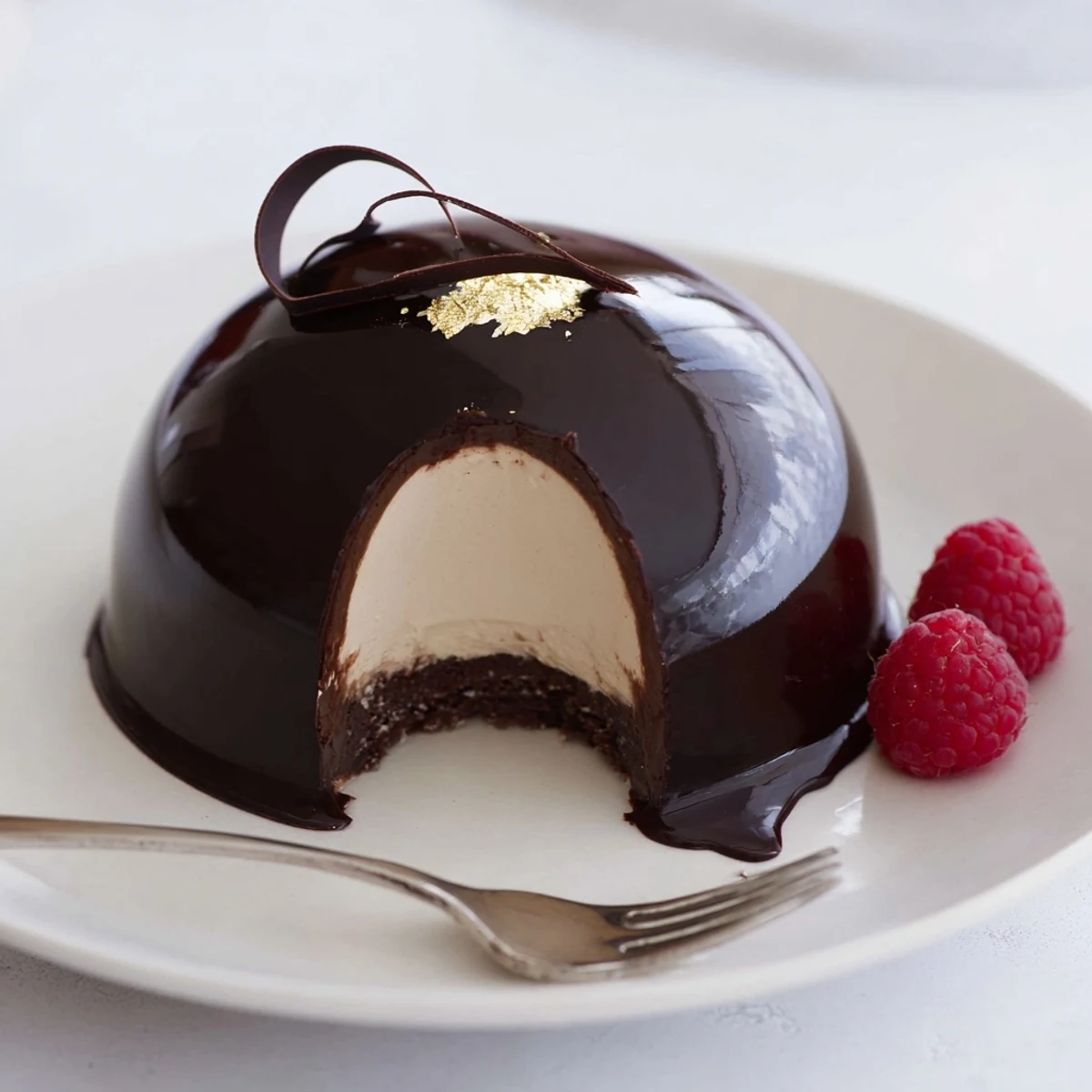 Elegant Chocolate Mascarpone Dome Dessert With Glossy Shells, silky mousse gleaming under glaze
